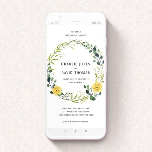 Wedding Invitation For Whatsapp Design - "Full Summer Wreath" A wedding invitation for whatsapp template titled "Full Summer Wreath". It is a smartphone screen sized invite in a portrait orientation. "Full Summer Wreath" is available as a flat invite, with tones of light green, dark green and yellow.