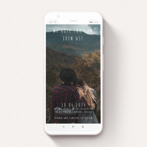 Wedding Invitation For Whatsapp Design - "Informality" A wedding invitation for whatsapp named "Informality". It is a smartphone screen sized invite in a portrait orientation. It is a photographic wedding invitation for whatsapp with room for 1 photo. "Informality" is available as a flat invite, with mainly white colouring.