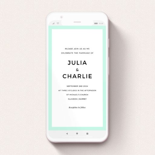 Wedding Invitation For Whatsapp Design - "Mint Frame" A wedding invitation for whatsapp called "Mint Frame". It is a smartphone screen sized invite in a portrait orientation. "Mint Frame" is available as a flat invite, with tones of green and white.