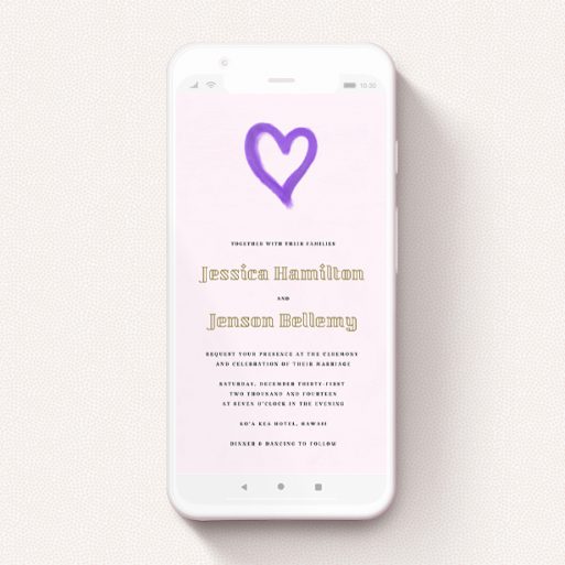 Wedding Invitation For Whatsapp Design - "One little heart " A wedding invitation for whatsapp design named "One little heart ". It is a smartphone screen sized invite in a portrait orientation. "One little heart " is available as a flat invite, with tones of pink, purple and gold.