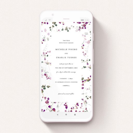 Wedding Invitation For Whatsapp Design - "Purple Lupine" A wedding invitation for whatsapp design called "Purple Lupine". It is a smartphone screen sized invite in a portrait orientation. "Purple Lupine" is available as a flat invite, with tones of purple, pink and dark green.