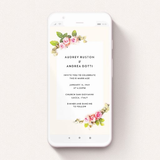 Wedding Invitation For Whatsapp Design - "Roses on the corner " A wedding invitation for whatsapp named "Roses on the corner ". It is a smartphone screen sized invite in a portrait orientation. "Roses on the corner " is available as a flat invite, with tones of light pink and green.