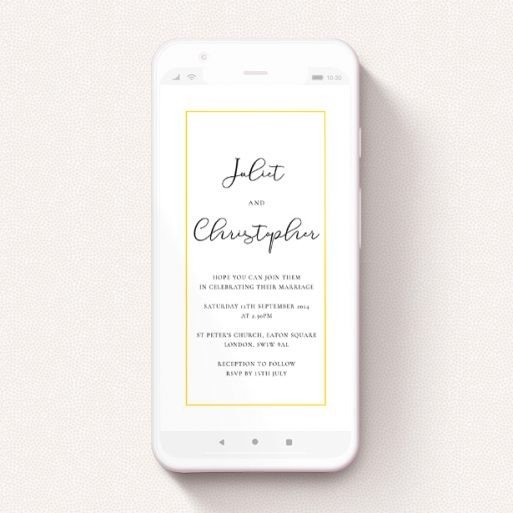 Wedding Invitation For Whatsapp Design - "Simple As" A wedding invitation for whatsapp template titled "Simple As". It is a smartphone screen sized invite in a portrait orientation. "Simple As" is available as a flat invite, with tones of white and yellow.