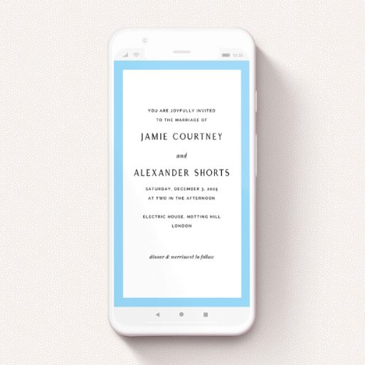 Wedding Invitation For Whatsapp Design - "Simple Blue" A wedding invitation for whatsapp design named "Simple Blue". It is a smartphone screen sized invite in a portrait orientation. "Simple Blue" is available as a flat invite, with tones of blue and white.