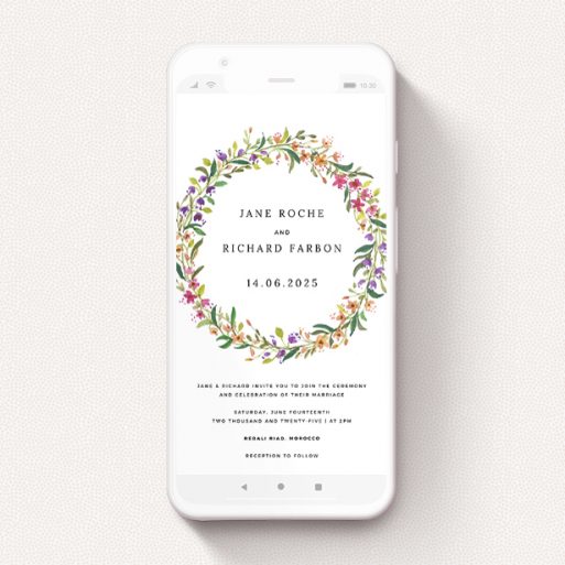 Wedding Invitation For Whatsapp Design - "Spring Florist" A wedding invitation for whatsapp design called "Spring Florist". It is a smartphone screen sized invite in a portrait orientation. "Spring Florist" is available as a flat invite, with tones of light green and orange.