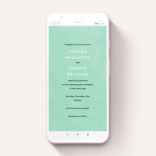 Wedding Invitation For Whatsapp Design - "Worn Green" A wedding invitation for whatsapp template titled "Worn Green". It is a smartphone screen sized invite in a portrait orientation. "Worn Green" is available as a flat invite, with tones of green and white.