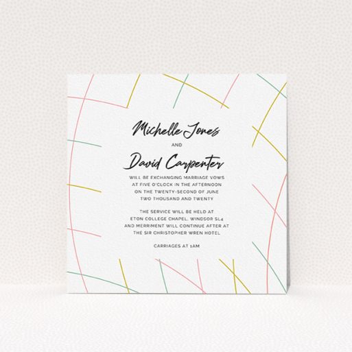 Wedding Invite Card Design - "A bit Concentric" A wedding invite card called "A bit Concentric". It is a square (148mm x 148mm) invite in a square orientation. "A bit Concentric" is available as a flat invite, with tones of white, yellow and pink.