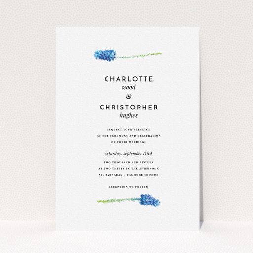 Wedding Invite Card Design - "A new bloom" A wedding invite card called "A new bloom". It is an A5 invite in a portrait orientation. "A new bloom" is available as a flat invite, with tones of white and green.