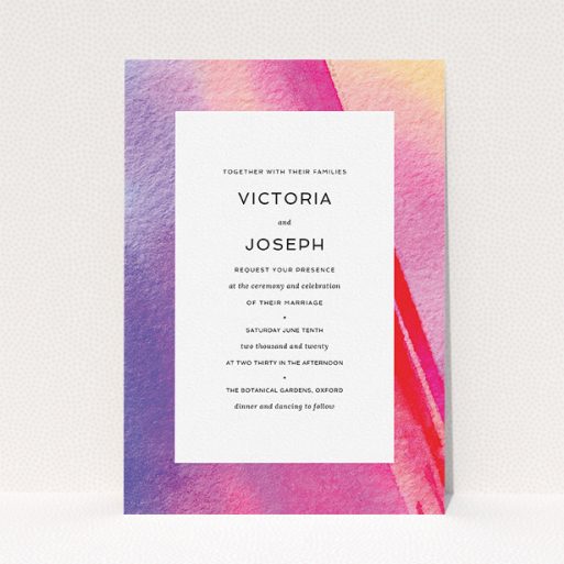 Wedding Invite Card Design - "Abstract Pink Watercolour" A wedding invite card design called "Abstract Pink Watercolour". It is an A5 invite in a portrait orientation. "Abstract Pink Watercolour" is available as a flat invite, with tones of vibrant pink, purple and red.