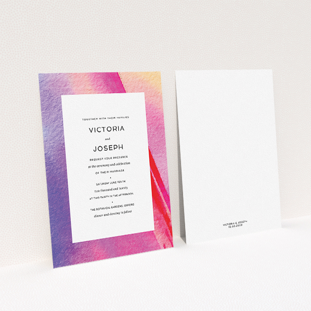 A wedding invite card design called "Abstract Pink Watercolour". It is an A5 invite in a portrait orientation. "Abstract Pink Watercolour" is available as a flat invite, with tones of vibrant pink, purple and red.
