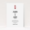 A wedding invite card design titled "Answer the phone". It is an A5 invite in a portrait orientation. "Answer the phone" is available as a flat invite, with tones of white and red.