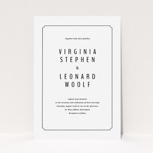 Personalised Wedding Invitation - Around The Corner (Black) A wedding invite card called "Around the corner". It is an A5 invite in a portrait orientation. "Around the corner" is available as a flat invite, with mainly white colouring.