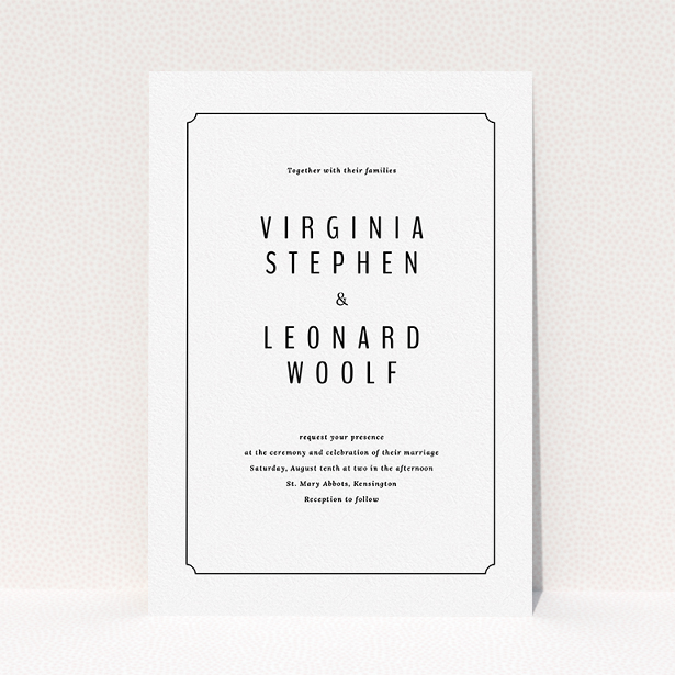 A wedding invite card called "Around the corner". It is an A5 invite in a portrait orientation. "Around the corner" is available as a flat invite, with mainly white colouring.