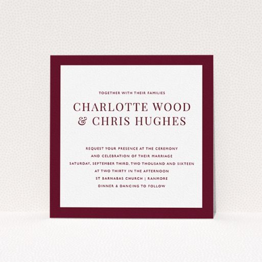 Personalised Wedding Invitation - As It Is (Maroon) A wedding invite card design named "As it is". It is a square (148mm x 148mm) invite in a square orientation. "As it is" is available as a flat invite, with tones of burgundy and white.