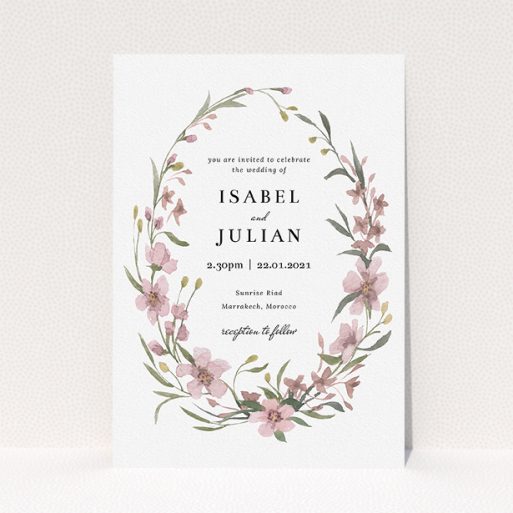 Wedding Invite Card Design - "Autumn Floral Wreath" A wedding invite card design named "Autumn Floral Wreath". It is an A5 invite in a portrait orientation. "Autumn Floral Wreath" is available as a flat invite, with tones of faded pink and autumnal green.