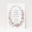 A wedding invite card design named "Autumn Floral Wreath". It is an A5 invite in a portrait orientation. "Autumn Floral Wreath" is available as a flat invite, with tones of faded pink and autumnal green.