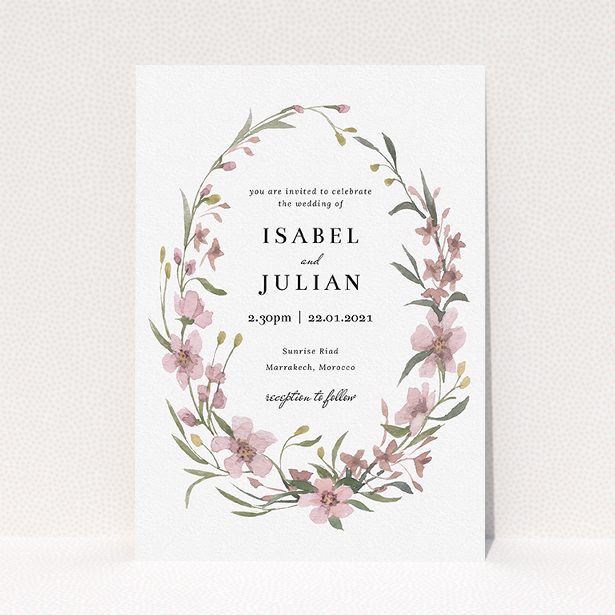 A wedding invite card design named "Autumn Floral Wreath". It is an A5 invite in a portrait orientation. "Autumn Floral Wreath" is available as a flat invite, with tones of faded pink and autumnal green.