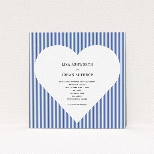 Wedding Invite Card Design - "Between the Lines" A wedding invite card design titled "Between the Lines". It is a square (148mm x 148mm) invite in a square orientation. "Between the Lines" is available as a flat invite, with tones of blue and white.