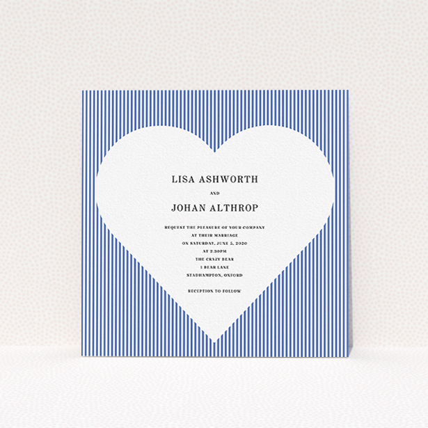 A wedding invite card design titled "Between the Lines". It is a square (148mm x 148mm) invite in a square orientation. "Between the Lines" is available as a flat invite, with tones of blue and white.