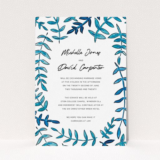Wedding Invite Card Design - "Blue Branch Swirl" A wedding invite card design titled "Blue Branch Swirl". It is an A5 invite in a portrait orientation. "Blue Branch Swirl" is available as a flat invite, with tones of blue and white.