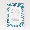 A wedding invite card design titled "Blue Branch Swirl". It is an A5 invite in a portrait orientation. "Blue Branch Swirl" is available as a flat invite, with tones of blue and white.