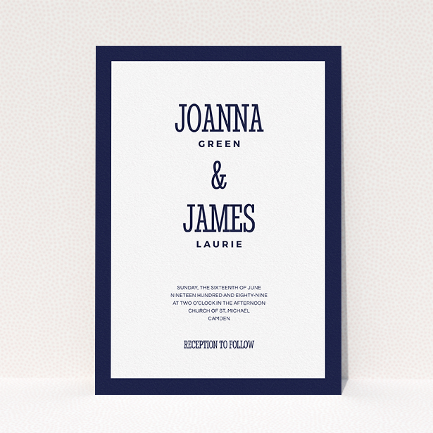A wedding invite card template titled "Bold border". It is an A5 invite in a portrait orientation. "Bold border" is available as a flat invite, with tones of navy blue and white.