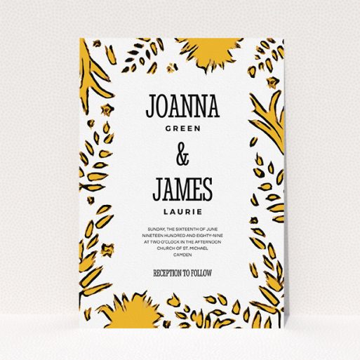 Wedding Invite Card Design - "Botanical tiger" A wedding invite card design named "Botanical tiger". It is an A5 invite in a portrait orientation. "Botanical tiger" is available as a flat invite, with tones of white and yellow.