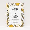 A wedding invite card design named "Botanical tiger". It is an A5 invite in a portrait orientation. "Botanical tiger" is available as a flat invite, with tones of white and yellow.