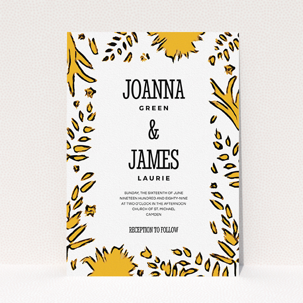 A wedding invite card design named "Botanical tiger". It is an A5 invite in a portrait orientation. "Botanical tiger" is available as a flat invite, with tones of white and yellow.