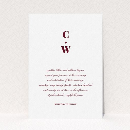 Personalised Wedding Invitation - Bullet Point (Maroon) A wedding invite card named "Bullet point". It is an A5 invite in a portrait orientation. "Bullet point" is available as a flat invite, with tones of white and burgundy.