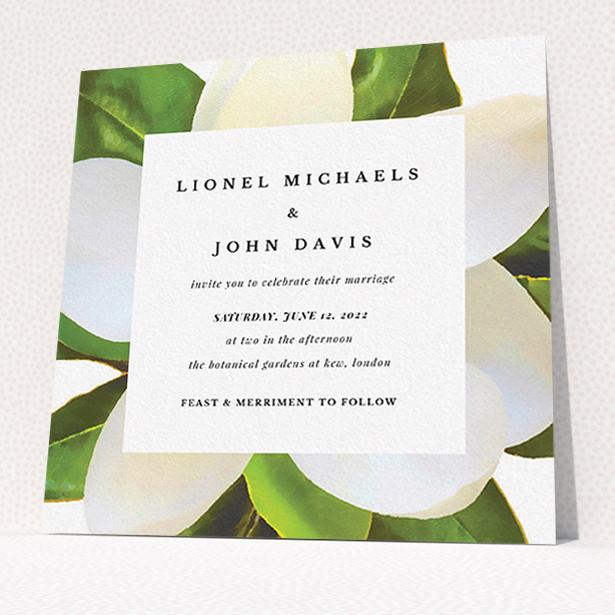 A wedding invite card design called "Centrepiece". It is a square (148mm x 148mm) invite in a square orientation. "Centrepiece" is available as a flat invite, with tones of green, cream and dark green.