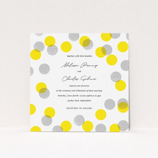 Wedding Invite Card Design - "Cork Stamps" A wedding invite card design titled "Cork Stamps". It is a square (148mm x 148mm) invite in a square orientation. "Cork Stamps" is available as a flat invite, with tones of white and yellow.