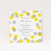 A wedding invite card design titled "Cork Stamps". It is a square (148mm x 148mm) invite in a square orientation. "Cork Stamps" is available as a flat invite, with tones of white and yellow.
