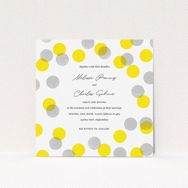 A wedding invite card design titled "Cork Stamps". It is a square (148mm x 148mm) invite in a square orientation. "Cork Stamps" is available as a flat invite, with tones of white and yellow.