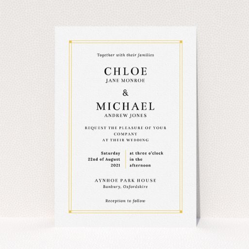 Wedding Invite Card Design - "Corner Points" A wedding invite card named "Corner Points". It is an A5 invite in a portrait orientation. "Corner Points" is available as a flat invite, with tones of white and yellow.