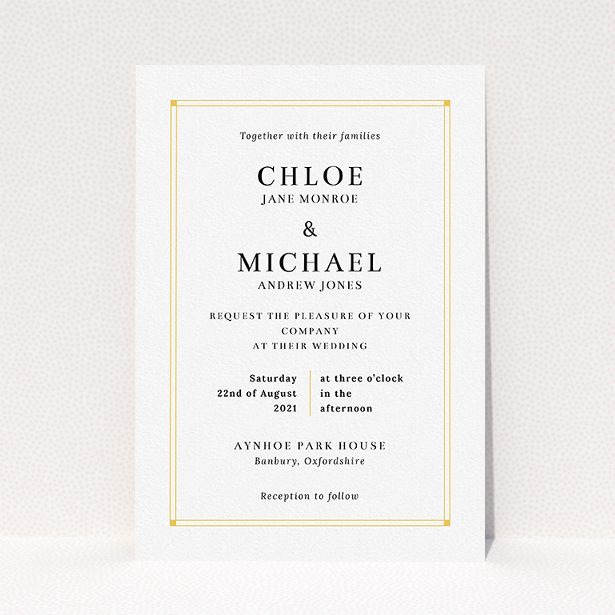A wedding invite card named "Corner Points". It is an A5 invite in a portrait orientation. "Corner Points" is available as a flat invite, with tones of white and yellow.