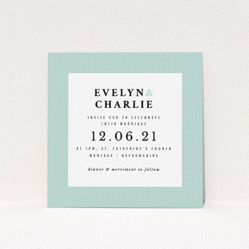 Wedding Invite Card Design - "Cross and Cross" A wedding invite card design titled "Cross and Cross". It is a square (148mm x 148mm) invite in a square orientation. "Cross and Cross" is available as a flat invite, with tones of green and white.