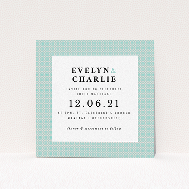 A wedding invite card design titled "Cross and Cross". It is a square (148mm x 148mm) invite in a square orientation. "Cross and Cross" is available as a flat invite, with tones of green and white.