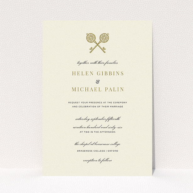 A wedding invite card named "Cross Keys". It is an A5 invite in a portrait orientation. "Cross Keys" is available as a flat invite, with tones of cream and gold.