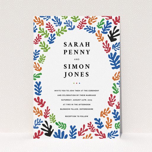 Wedding Invite Card Design - "Cut Out-esque" A wedding invite card called "Cut Out-esque". It is an A5 invite in a portrait orientation. "Cut Out-esque" is available as a flat invite, with tones of blue, red and green.