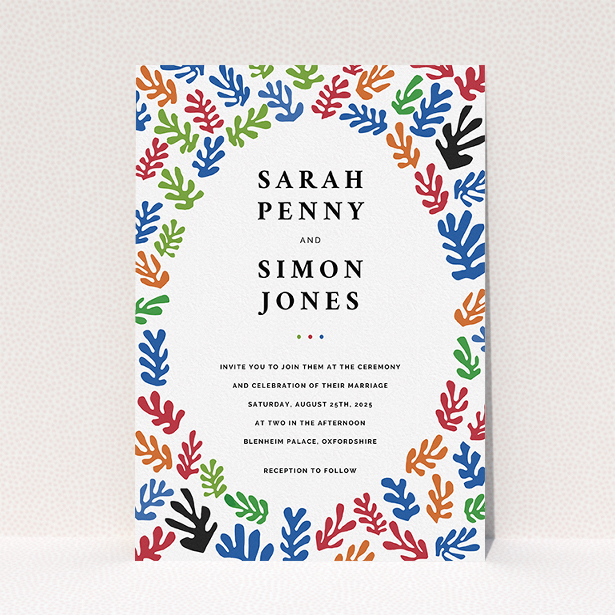 A wedding invite card called "Cut Out-esque". It is an A5 invite in a portrait orientation. "Cut Out-esque" is available as a flat invite, with tones of blue, red and green.