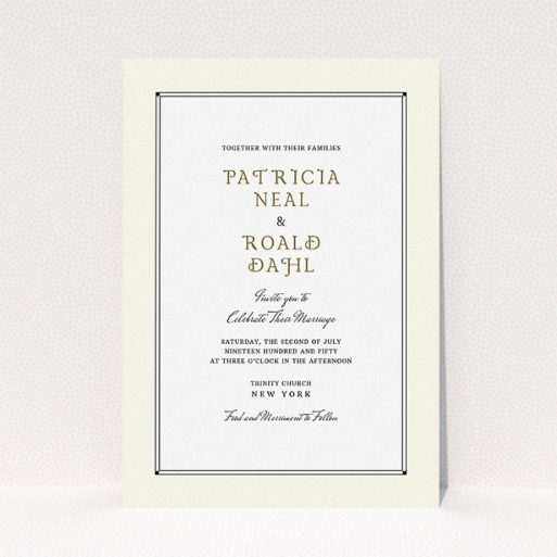 Wedding Invite Card Design - "Deco Cream" A wedding invite card template titled "Deco Cream". It is an A5 invite in a portrait orientation. "Deco Cream" is available as a flat invite, with mainly cream colouring.