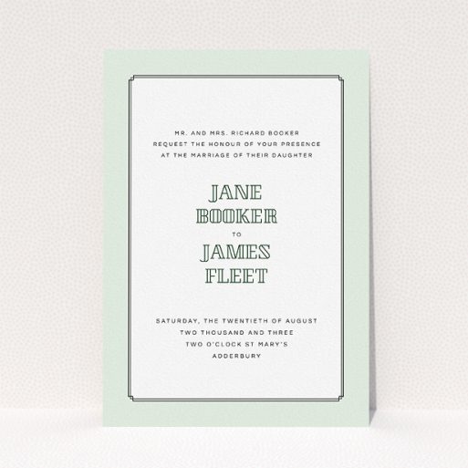 Wedding Invite Card Design - "Deco mint" A wedding invite card design named "Deco mint". It is an A5 invite in a portrait orientation. "Deco mint" is available as a flat invite, with tones of green and white.