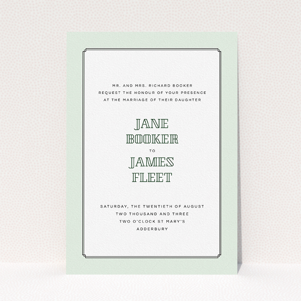 A wedding invite card design named "Deco mint". It is an A5 invite in a portrait orientation. "Deco mint" is available as a flat invite, with tones of green and white.