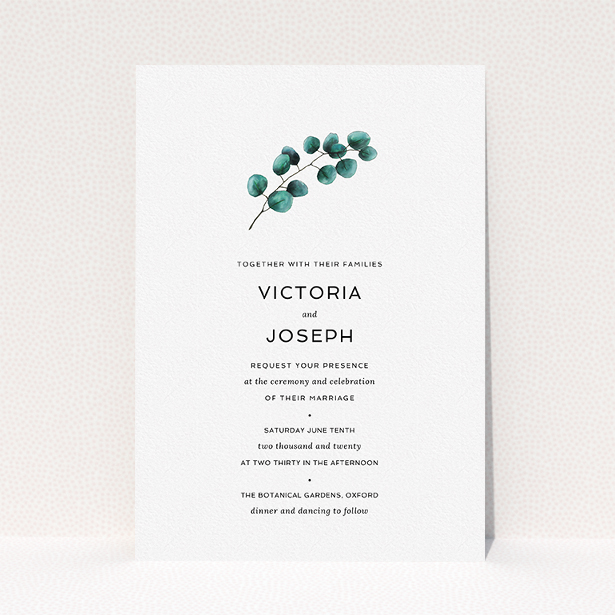 A wedding invite card template titled "Eucalyptus Central". It is an A5 invite in a portrait orientation. "Eucalyptus Central" is available as a flat invite, with tones of white and green.