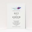 A wedding invite card template titled "Feather in the corner". It is an A5 invite in a portrait orientation. "Feather in the corner" is available as a flat invite, with mainly white colouring.