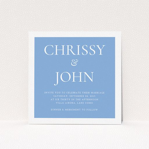 Wedding Invitation Card - Front And Centre (Middle Blue) A wedding invite card named "Front and centre". It is a square (148mm x 148mm) invite in a square orientation. "Front and centre" is available as a flat invite, with tones of blue and white.