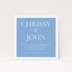 A wedding invite card named "Front and centre". It is a square (148mm x 148mm) invite in a square orientation. "Front and centre" is available as a flat invite, with tones of blue and white.