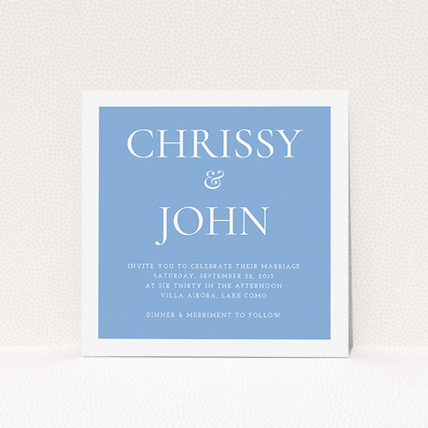 A wedding invite card named "Front and centre". It is a square (148mm x 148mm) invite in a square orientation. "Front and centre" is available as a flat invite, with tones of blue and white.