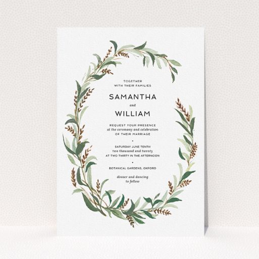 Wedding Invite Card Design - "Garden Garland" A wedding invite card template titled "Garden Garland". It is an A5 invite in a portrait orientation. "Garden Garland" is available as a flat invite, with tones of faded green, light brown and light green.